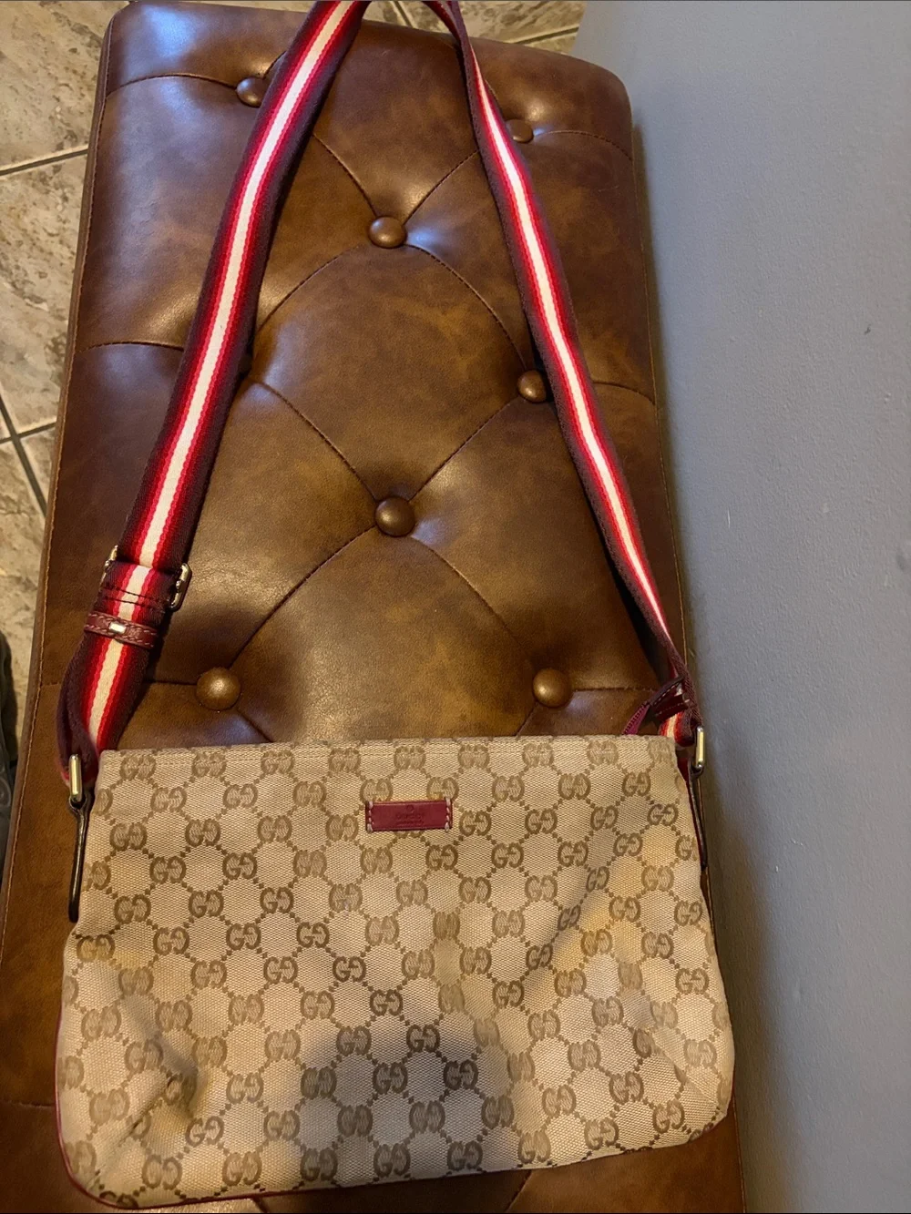 Gucci Beige GG Supreme Crossbody with Red and White Stripe Strap